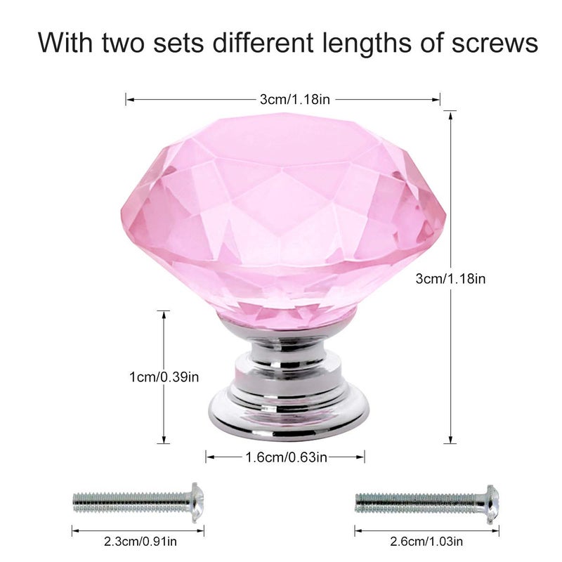Akstore 10 Pcs Crystal Glass Cabinet Knobs 30mm Diamond Shape Drawer Kitchen Cabinets Dresser Cupboard Wardrobe Pulls Handles (Pink) - Image 2